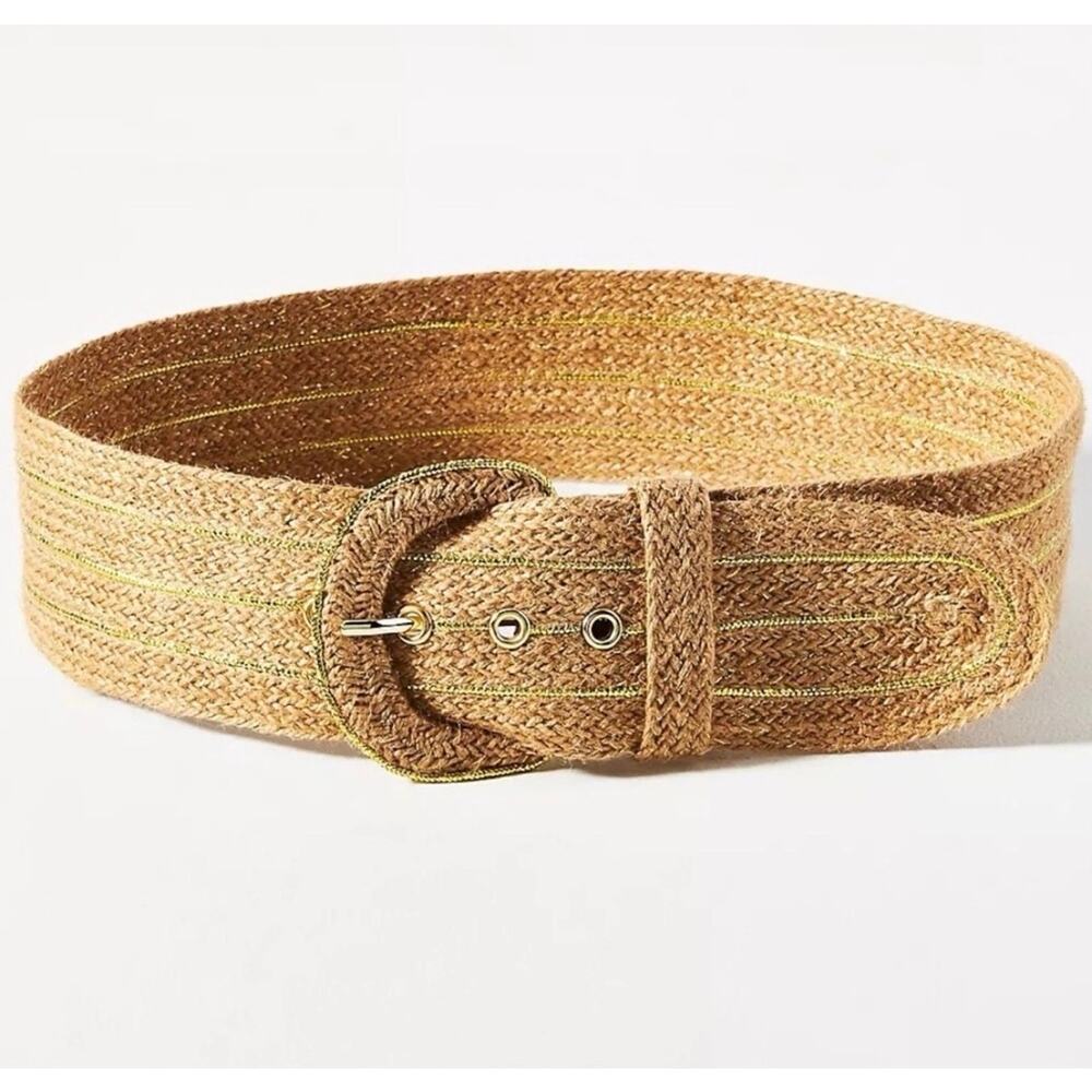 Anthropologie Wide Woven Jute Belt Gold Metallic Thread Natural NWT MSRP $80 - Picture 2 of 5